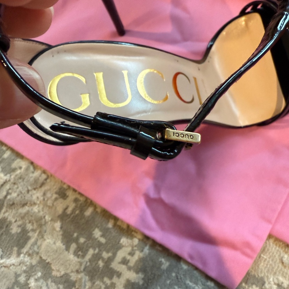 Gucci Red Patent Leather Open-Toe Stiletto Boots with Black Trim - Picture 5 of 9